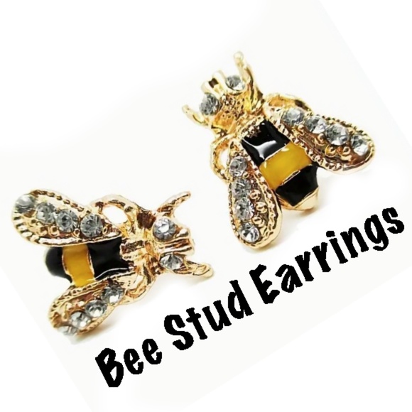 Bee Stud Earrings - Cubic Zirconia Glitters, with Alloy Base, and Enamel Colors - Picture 2 of 7